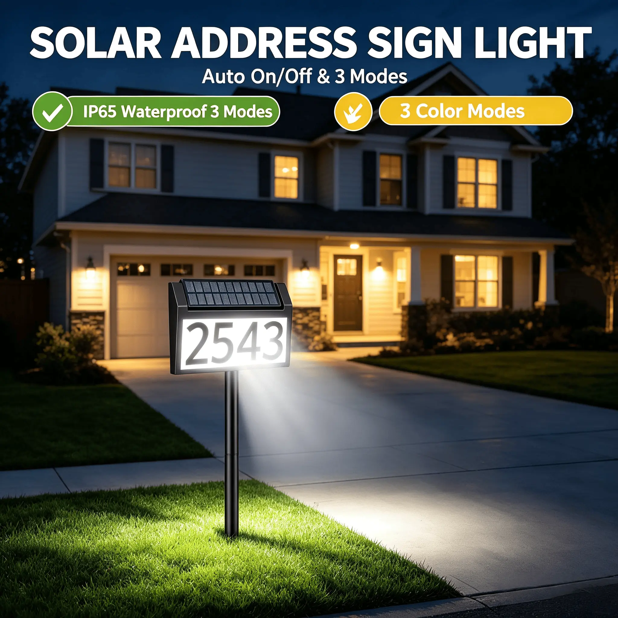 Solar Address Sign Light - 1 Pack Solar Lamp, 3 Color Temperature Modes, Automatic On/Off, IP65 Water Resistant Plastic Outdoor Light with Easy-Install In-Ground Stake for Driveway, Party Decor, Home Address Plaque Gift, Yes