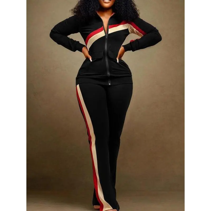 New(New)NewWomen's Colorblock Striped Print Zip Up Pocket Jacket & Pants Two-piece Set, Casual Long Sleeve Collared Outerwear & Trousers for Fall & Winter, Ladies Clothes for Daily Wear Can be used with raincoat