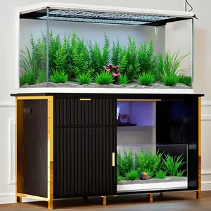 HOMBCK 55-75 Gallon Fish Tank Stand with Power Outlets, LED Light, Vertical Lines, Heavy Duty Aquarium Stand with Cabinet for Fish Tank Accessories Storage, Turtle Tank, Reptile Terrarium, 1100LBS, White Golden And Black Golden