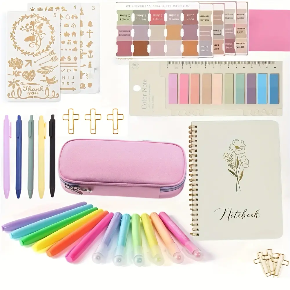 Bible Study Kit for Women Bible Journaling Supplies with 6 No-Bleed Highlighters Pens Bible Tabs Large Pencil Case & more ,Christian Gift Set