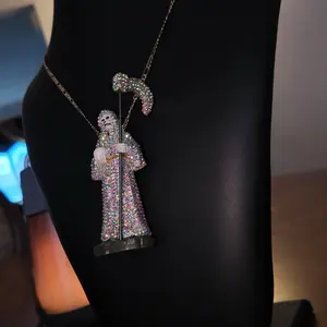 Custom Made 4 Inch Angel of Death Mini Statue White Gold Plated Figaro Necklace with Rhinestone Accents and Green Gemstones for Daily Wear