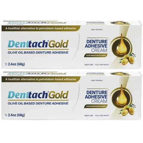 Denttach Gold Denture Adhesive Cream - Olive Oil Based Formula for Healthier Stronger Smoother Hold - 2 Pack Gentle Daily Use Oral Care Solution