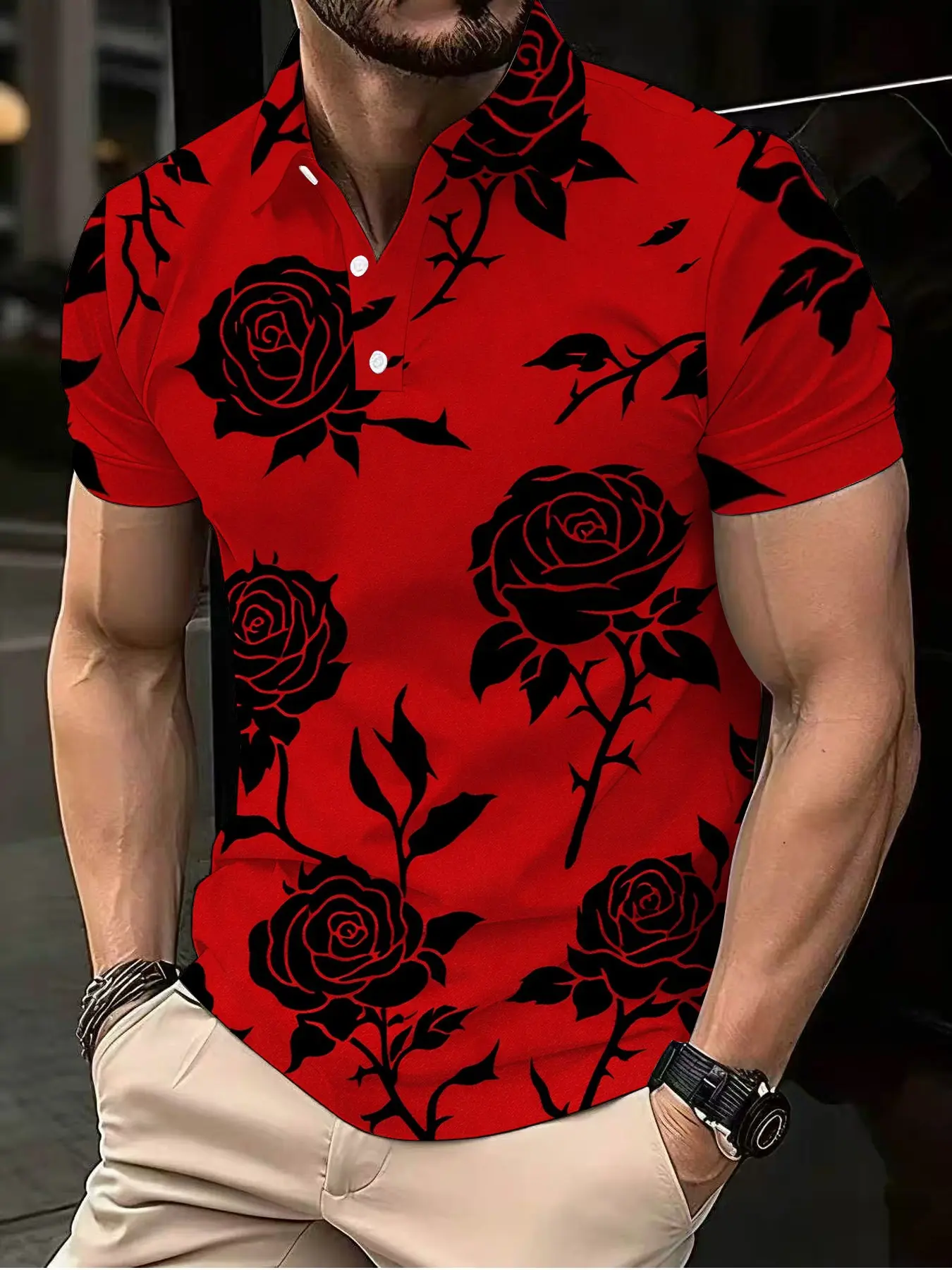 Short-sleeved Polo shirt with black rose Floral print on a red background, a trendy and vintage men's casual top, Summer Casual Polo, Menswear
