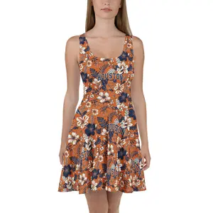 Yordy Year-Round Women's Casual Sleeveless Skater Dress in Deep Navy & Orange Floral Print Elastic Waist Fit Flared Skirt for Game Day