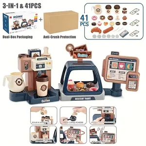 3-in-1 Toy Coffee Maker Machine And Cash Register With Sound And Light, And Dessert Showcase; 41PCS Kids Cooking Kitchen Pretend Play Sets And Appliances Toy For Boys And Girls, Perfect Christmas Gift