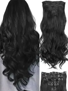 7pc Hair Extensions Set, 24in60cm Long Clip In Hair, Wavy Synthetic Clip On Extensions, Multi Style Party Hair Extensions, Thick Clip In Wefts Long Wavy Synthetic Full Head Hair Extensions for Women