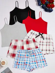 【Plus Size】 Plaid Print Cami Top & Stretch Shorts Pajama Set, Casual Comfy Camisole & Elastic Waist Shorts Loungewear Set, Women's Sleepwear for Spring, Womenswear