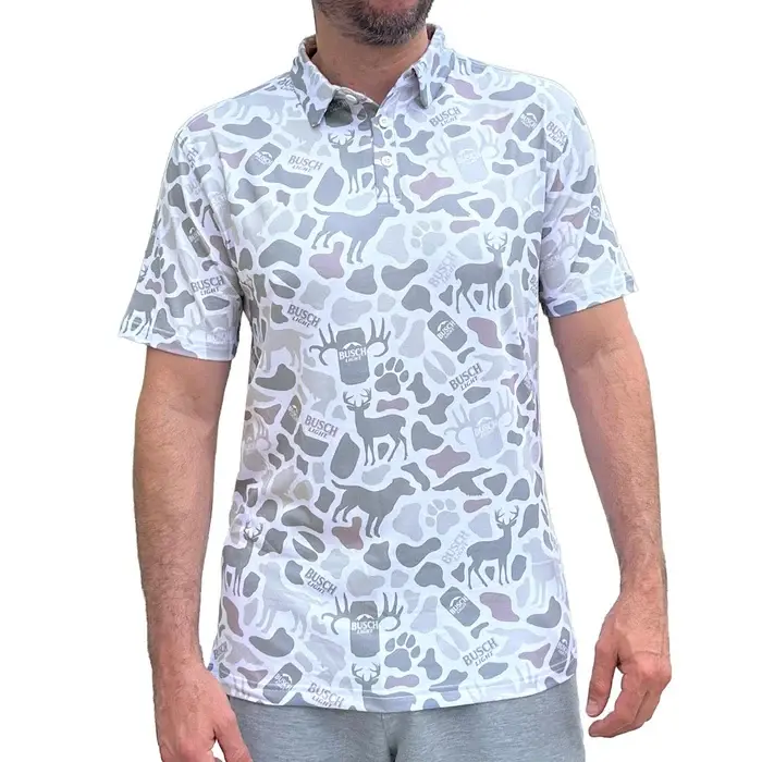 Busch Light - Snow Camo Outdoors Polo Men’s Performance Polo Shirt Menswear Top Outdoor Polyester Casual Fabric