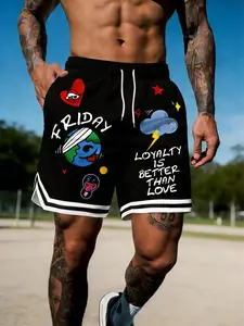 Men's American Street Style Graffiti Print Basketball Shorts, Trendy Sporty Design, Loose-Fitting, Perfect for Casual Wear, Athletic Basketball Shorts