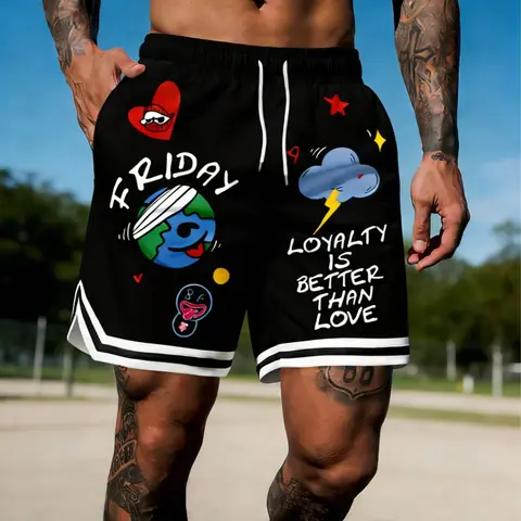 Men's American Street Style Graffiti Print Basketball Shorts, Cool Sports Shorts, Fashionable Summer Shorts, Trendy Sporty Design, Loose-Fitting, Perfect for Casual Wear