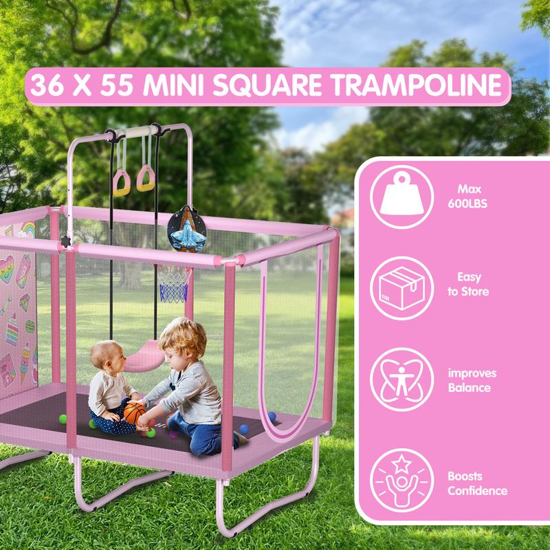 Skybound Rectangle Trampoline for Kids with Basketball Hoop, 36*55'' Indoor Outdoor Toddler Trampoline with Enclosure Net, Swing,  Ring, Ocean Balls, Small Trampoline Gift for Boys Girls, Best Gift for Kids