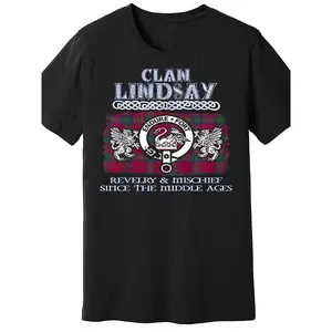 Women's Black Clan Lindsay Graphic Tee, 190g Cotton Crewneck Short Sleeve, "Revelry & Mischief Since the Middle Ages" Printed T-Shirt, Cozy Casual Everyday Wear, Scottish Heritage Plaid Design Top