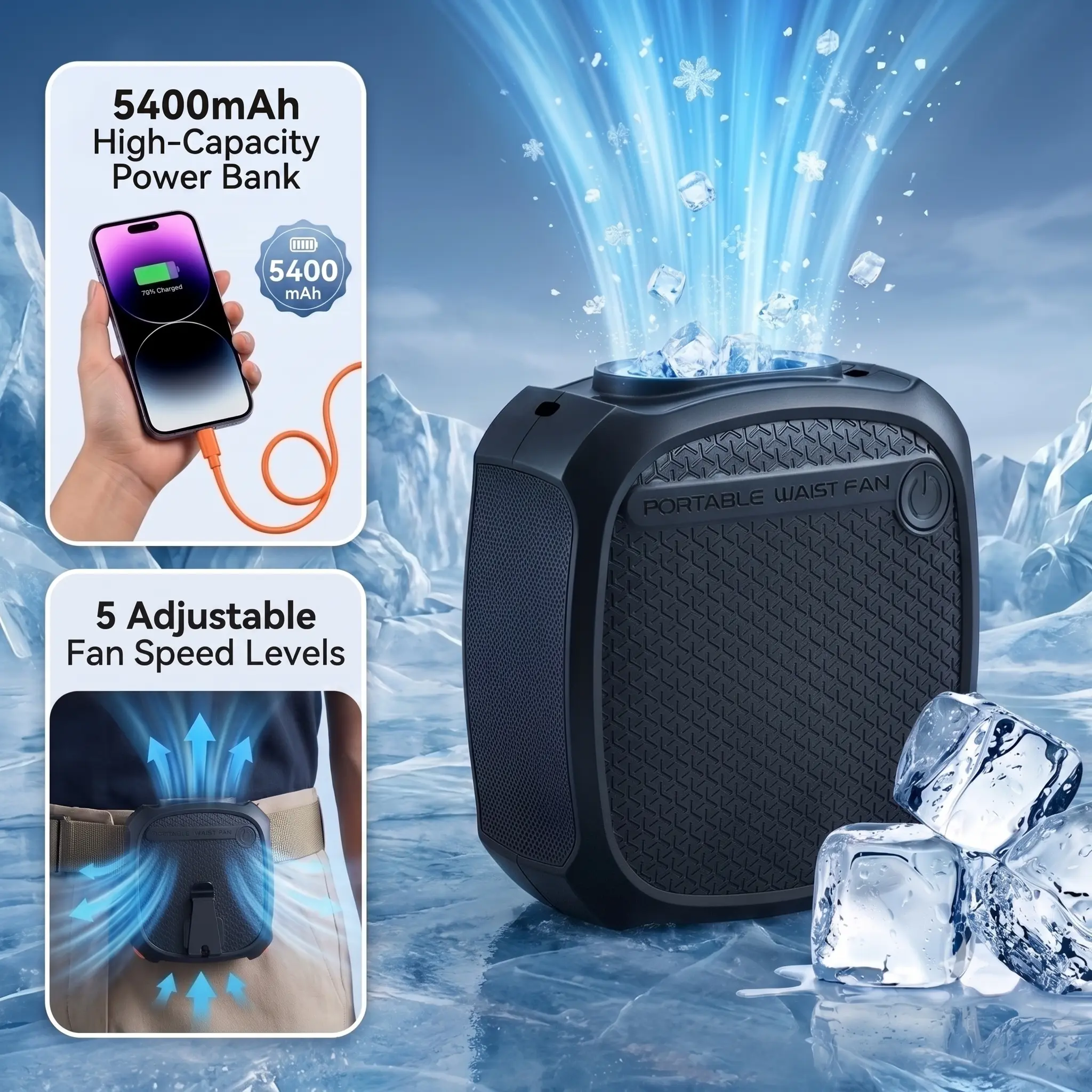 Qawtor 2026 Rechargeable LED Undershirt Waist Cooling Fan -5400 mAh Lithium Battery, 18+ Hrs Runtime, 5-Speed Stepless Adjustable Speeds, Smart LED Display, 4-in-1 Wearable Body/Neck/Desk Portable Fan & Power Bank, Rechargeable Clip, for Jobsite, Camping