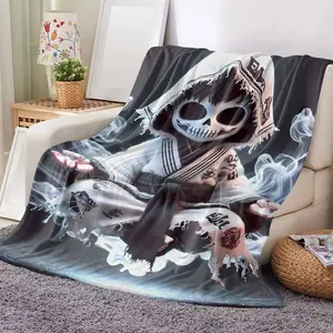 Mystic Skeleton Monk Flannel Blanket with Smoky Floating Meditation Artwork  Soft Cozy Warm Material for Halloween Decor  Living Room Accent  Gothic Bedroom Style  Unique Gift for Friends and Home