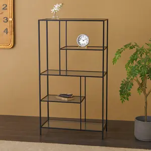 Geometric Black Metal 4 Shelf Storage Shelving Unit with Clear Glass Shelves
