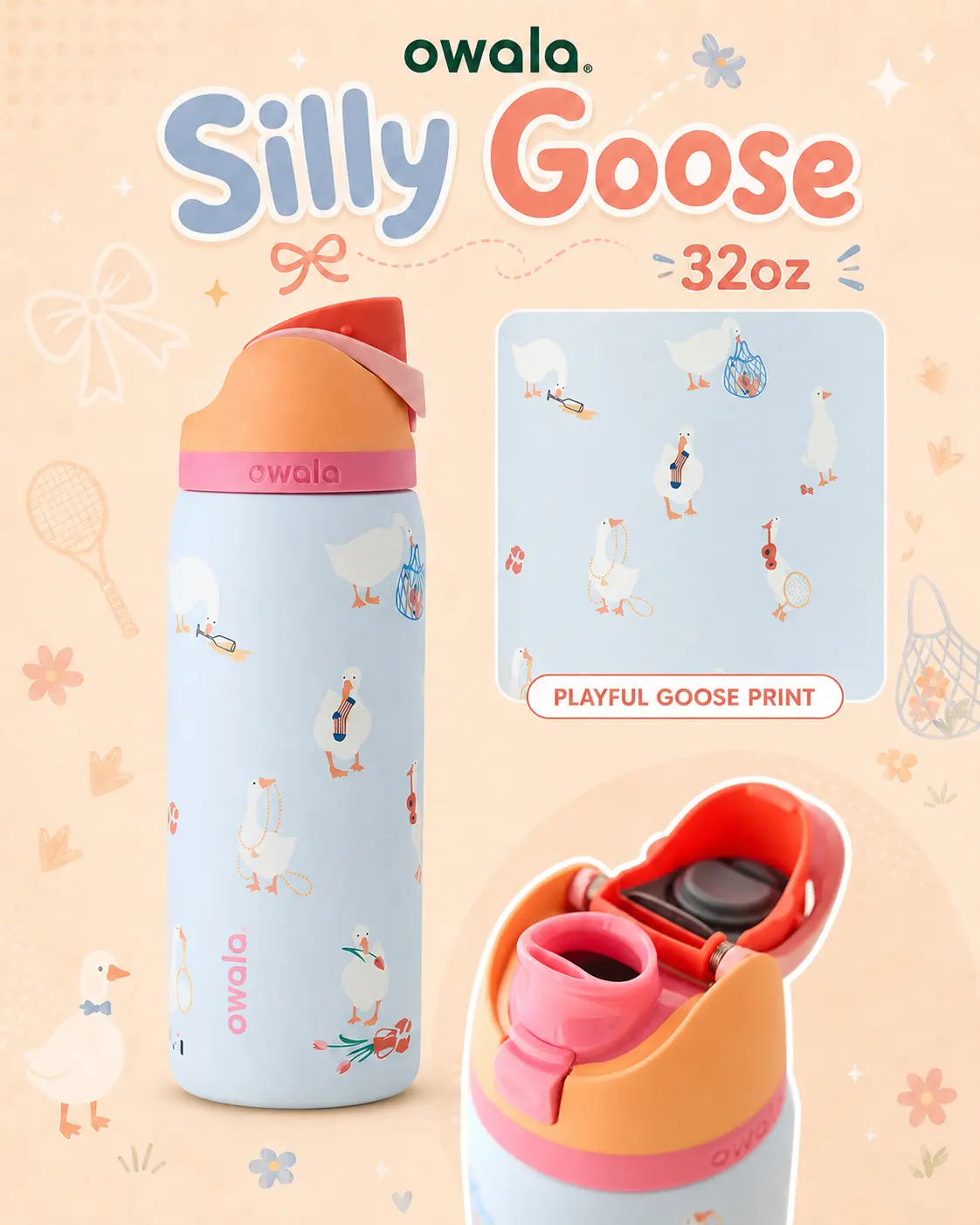 Owala Silly Goose 32oz FreeSip Bottle – Goose Edition Vacuum Insulated Stainless Steel Leak Resistant Water Bottle for School, Office & Weekend Adventures