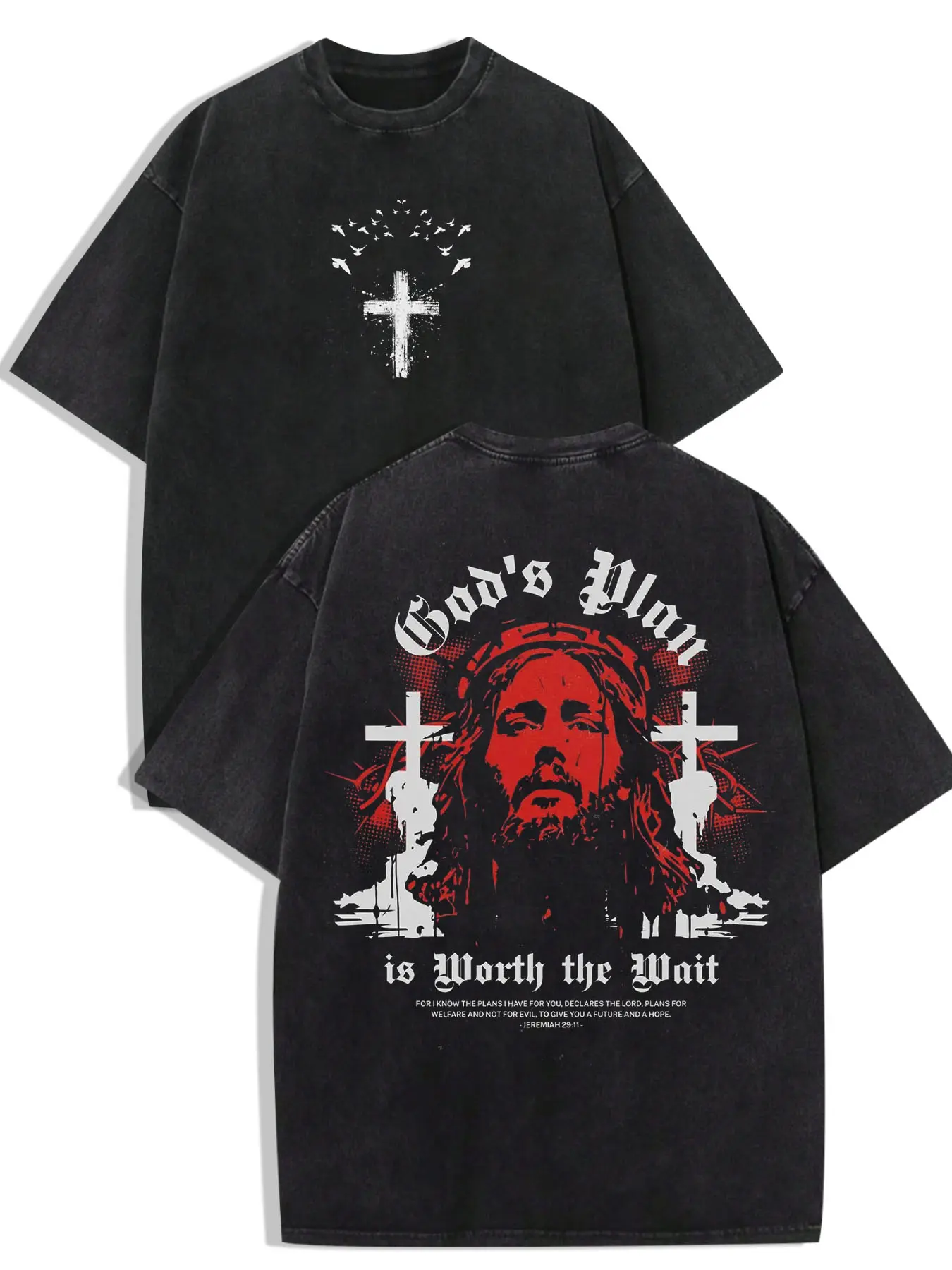 1 PCS Black Washed Oversized 100% Cotton T-Shirt, Front Dove Cross Back God's Plan Jesus Portrait Jeremiah 29:11 Double Sided Vintage Graphic Print, Gothic Christian Grunge Streetwear Tee, Soft Breathable Unisex Top For Faith Believers Casual Outfit