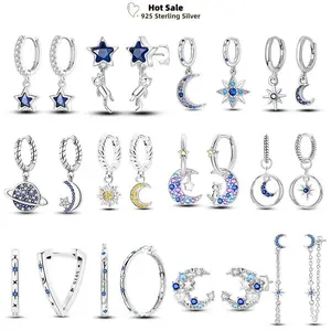 Real 925 Sterling Silver Blue Round Circle Star Moon Sun Hoop Earrings Sparkling 925 Rose Gold Earring For Women Wedding Jewelry