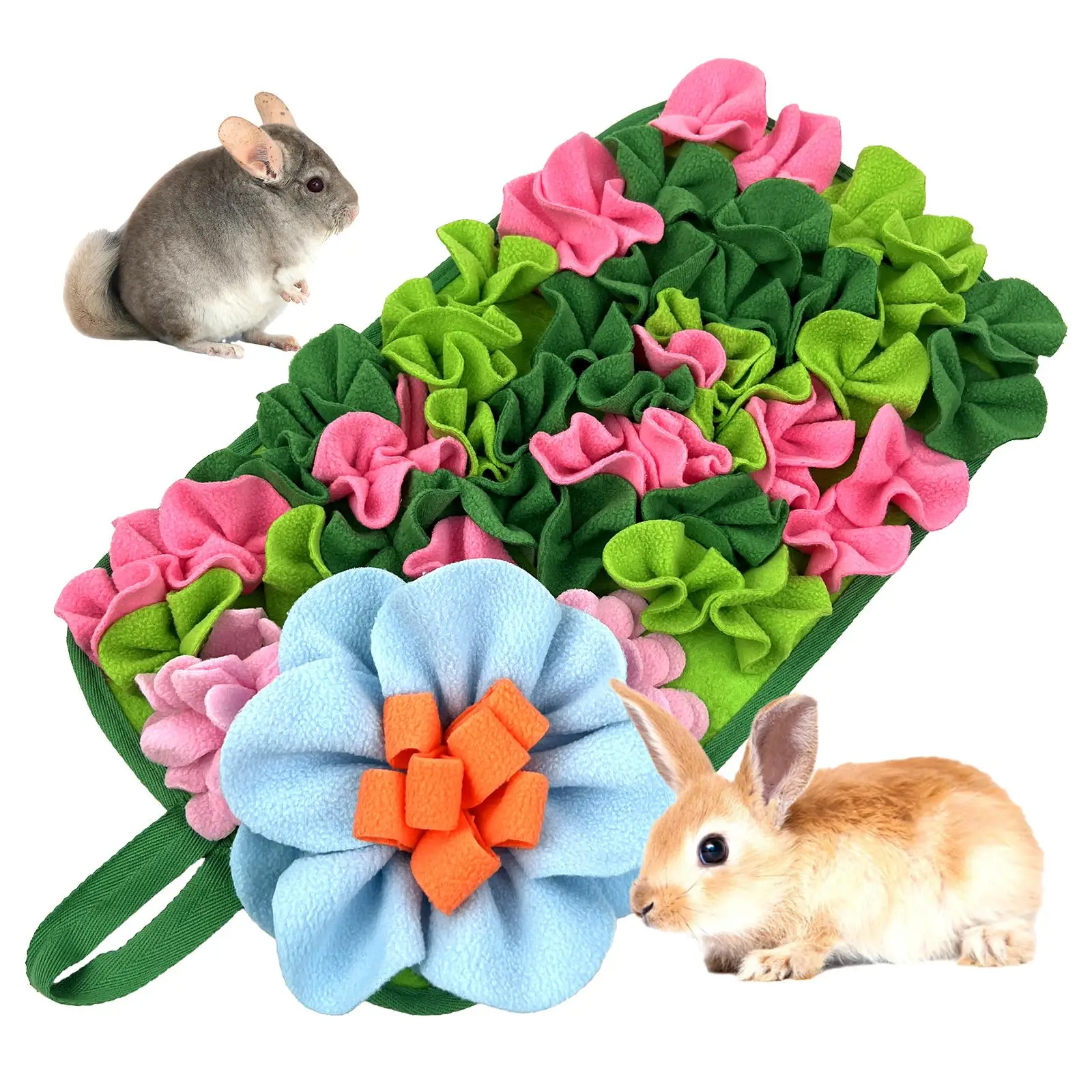 Small Animal Feeding Mat with Handle, Cute Flower Design Pet Sniffing Pad, Interactive Pet Feeding Supplies for Rabbit Hedgehog Chinchilla