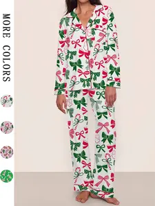 【Christmas Pajamas】Women's Christmas Pajama Set, Long Sleeve Casual Loungewear, Elastic Waist Pants, Elegant Cute Holiday Nightwear
