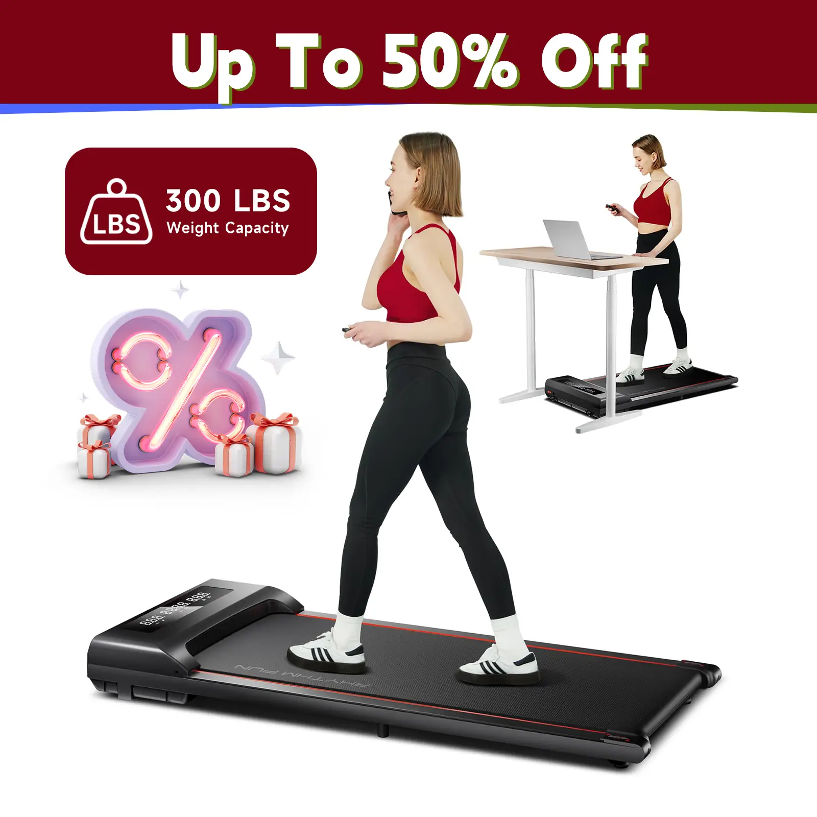 RHYTHM FUN Walking Pad Under Desk Treadmill with Remote Control Flat Portable Treadmill Quiet with 3 Window LED Display Suitable for Home and Office U