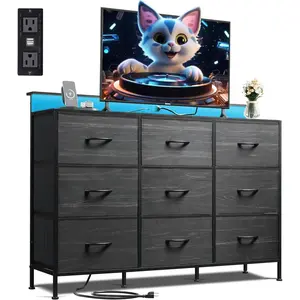 Black Dresser TV Stand for 45, 50, 55 inch TV, Entertainment Center with LED Lights & Charging Station, Chest of drawers with 9 Fabric Drawers and Open Shelves for Living Room, Hallway, Wood Top
