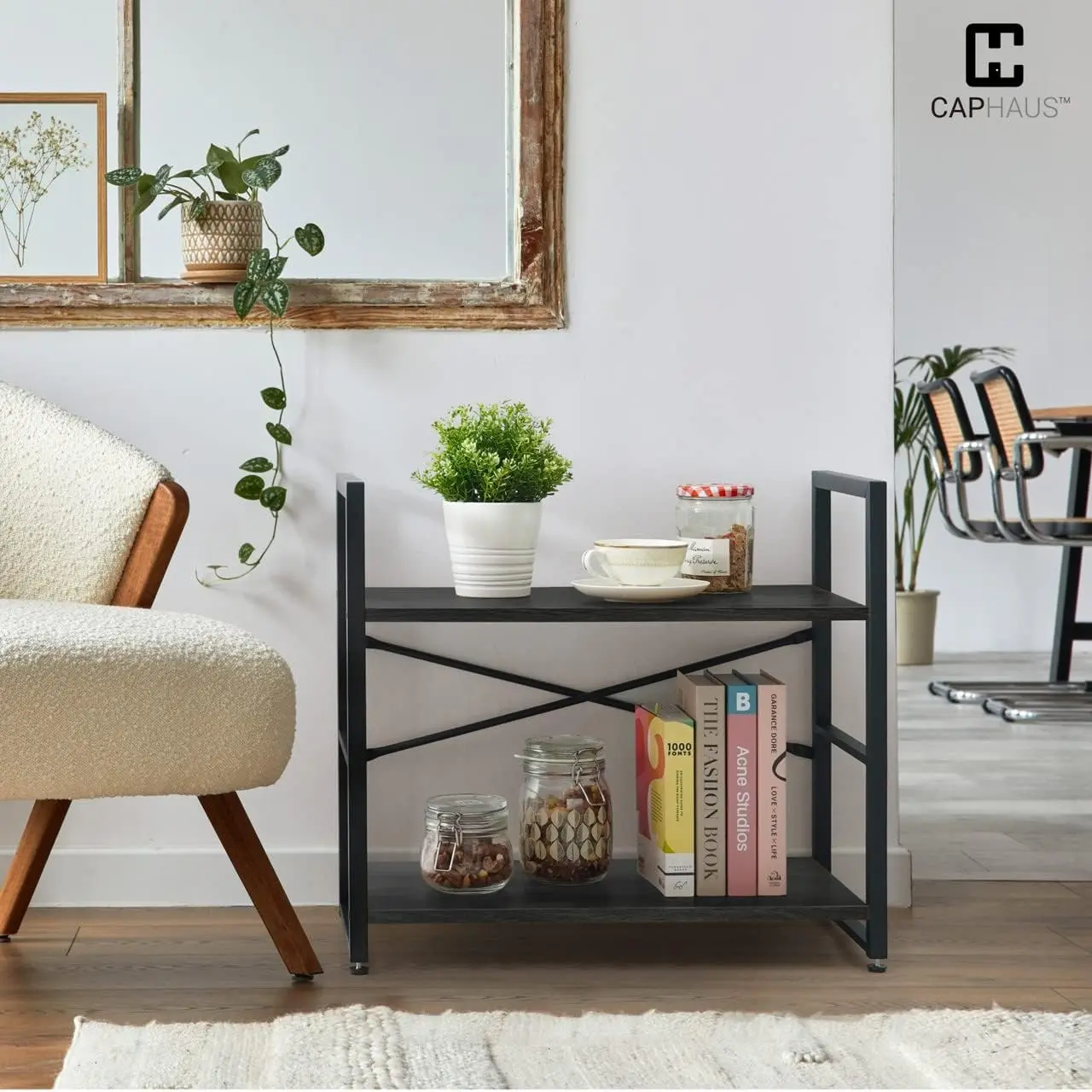 CAPHAUS 2 Tier Small Bookshelf, Bookcase Shelf Storage Organizer for Living Room, 24 Inch Width Free Standing Shelf, Industrial Book Shelves for Home Office