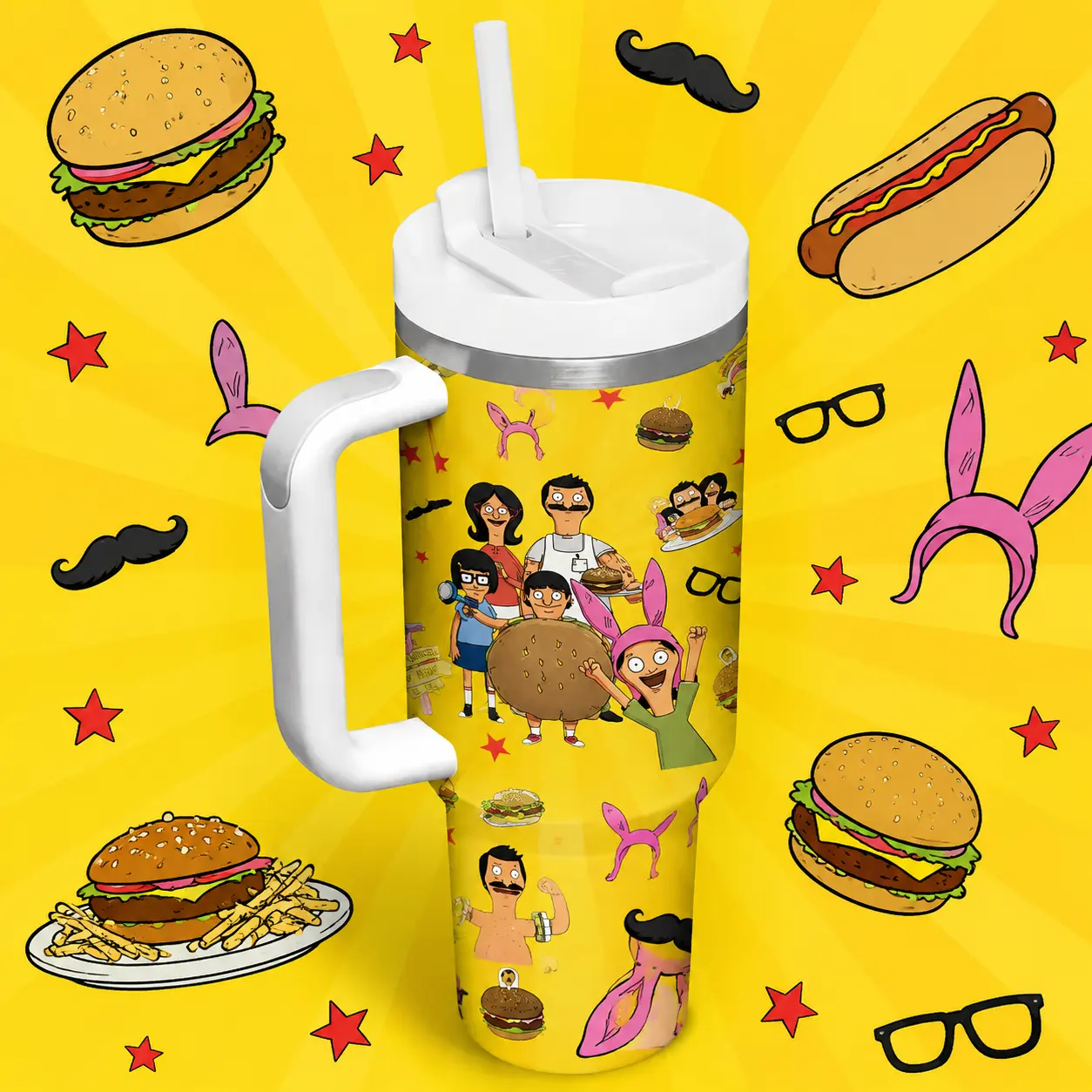 STORMMECH Bob’s Burgers 40oz Leak-Proof Insulated Straw Tumbler Bottle - Double-Wall Vacuum Stainless Steel Flask, Cartoon Design, Straw Lid with Handle, 12H Hot/24H Cold Retention, Portable Explosion-Proof Washable Kitchen Drinkware for Adults