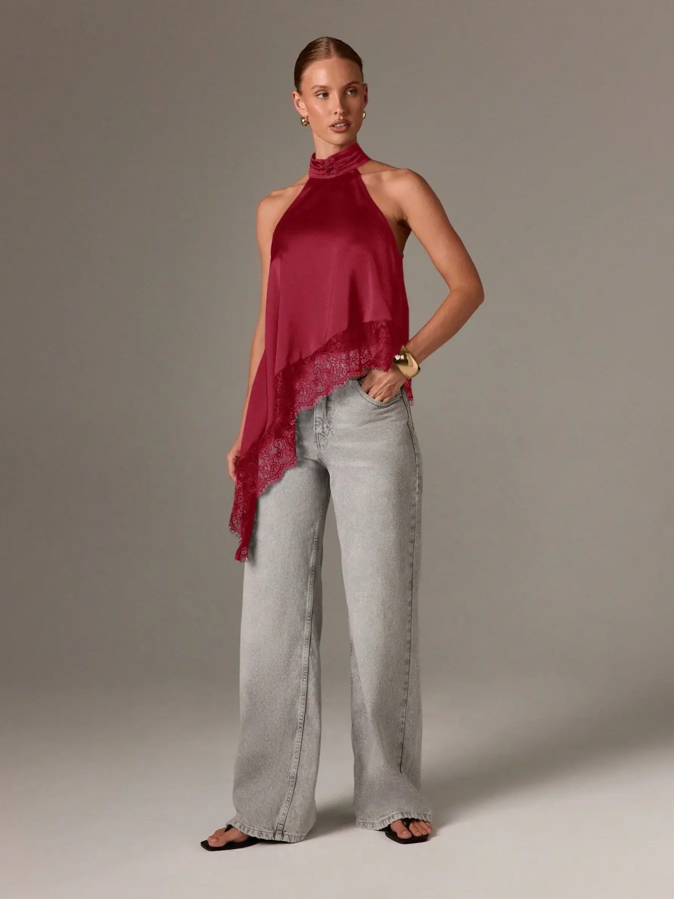 Women's Sleeveless High Neck Lace Trim Asymmetrical Satin Womenswear Top, Halter Neck Camisole, Evening Formal Fall Special Occasion Shirt, Elegant Chic Backless Vest, Elegance, Classy Tops