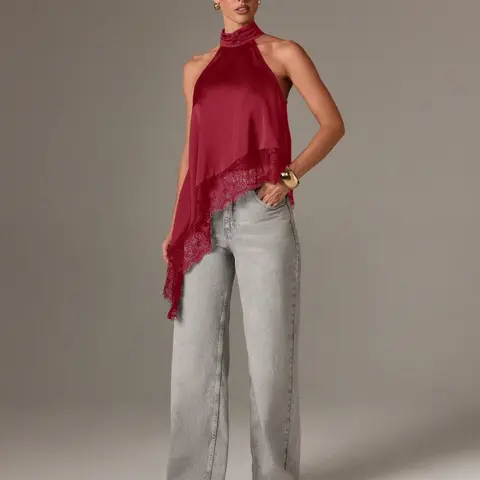 Women's Sleeveless High Neck Lace Trim Asymmetrical Satin Womenswear Top, Halter Neck Camisole, Evening Formal Fall Special Occasion Shirt, Elegant Chic Backless Vest, Elegance, Classy Tops
