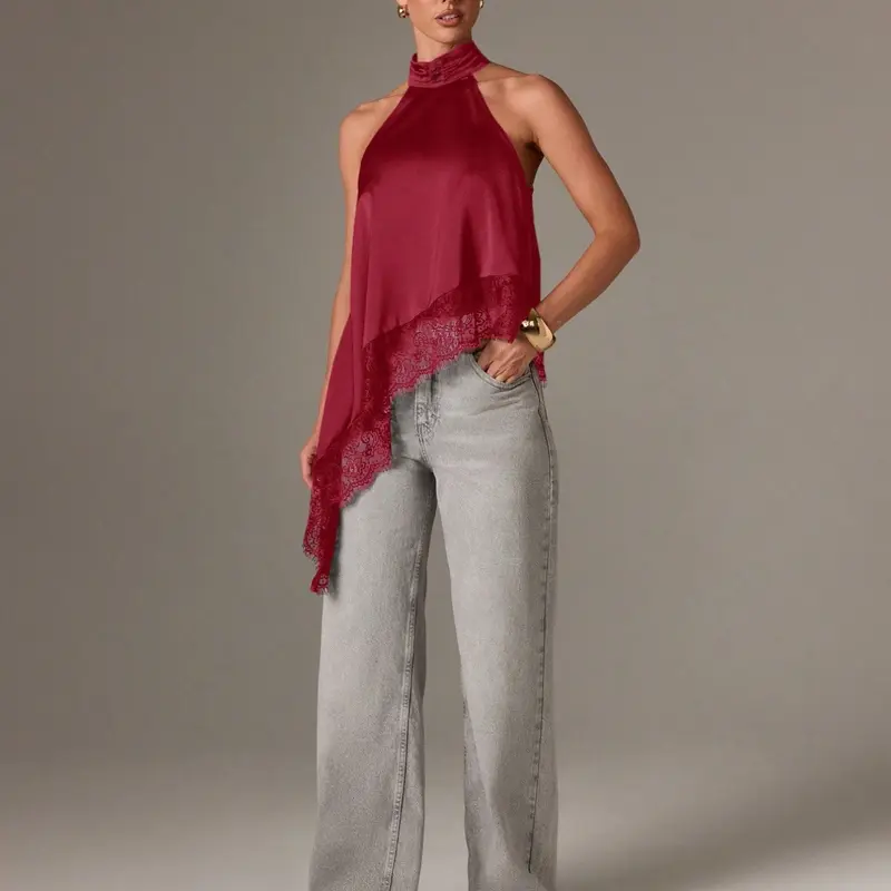Women's Sleeveless High Neck Lace Trim Asymmetrical Satin Womenswear Top, Halter Neck Camisole, Evening Formal Fall Special Occasion Shirt, Elegant Chic Backless Vest, Elegance, Classy Tops
