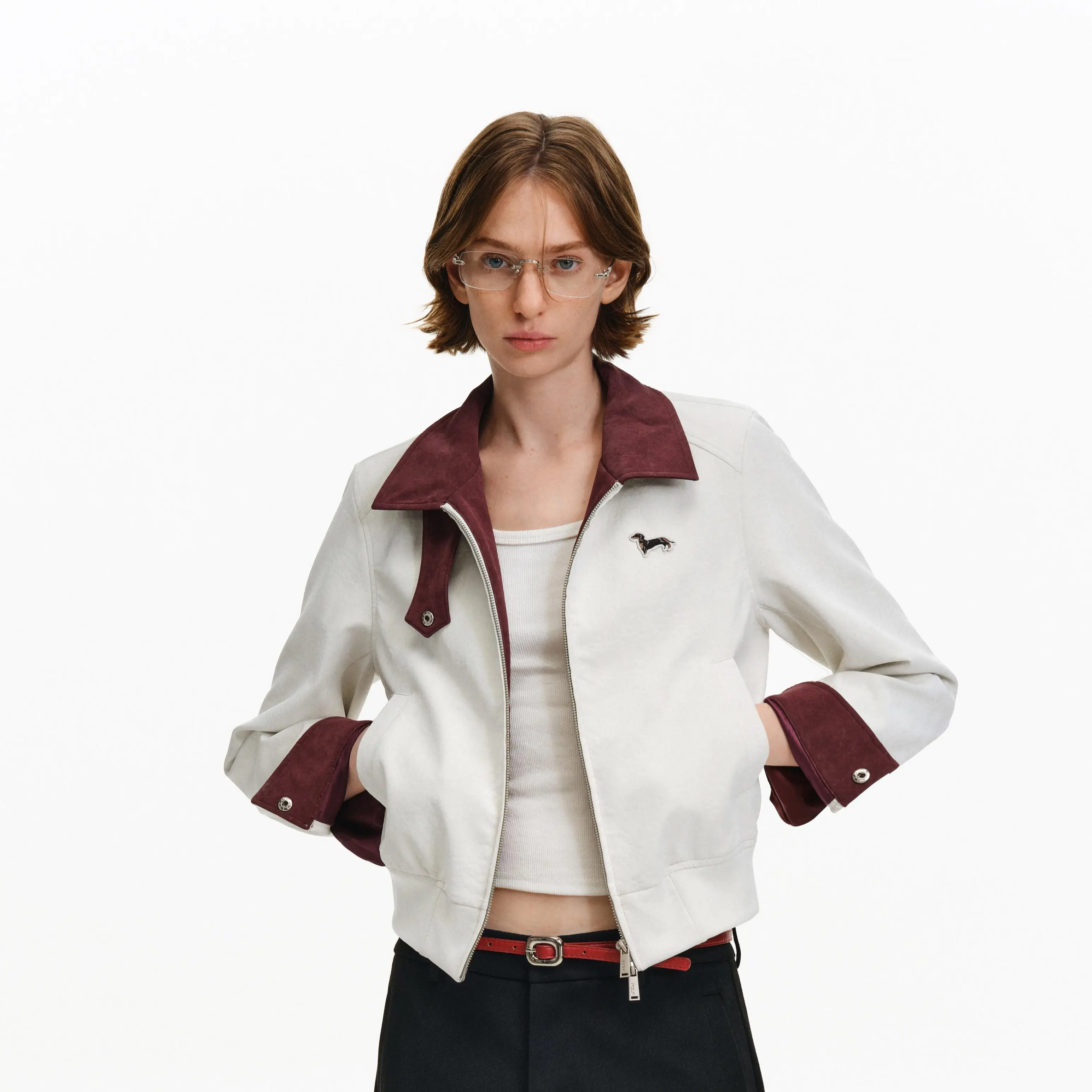 PCLP Faux Leather Colorblock Jacket | Cropped Zip Up Moto Jacket Women