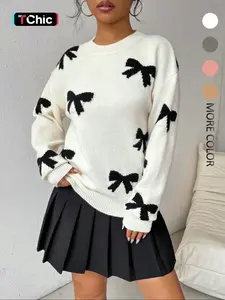 Women's Bow Print Drop Shoulder Sweater, Casual Long Sleeve Round Neck Jumper for Fall & Winter, Fashion Ladies' Knitwear for Daily Wear