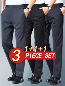 3-pieces Men's New Loose Straight Leg Elastic Solid Color Formal Pants, Anti-Wrinkle Comfortable Business Casual Trousers for All Seasons