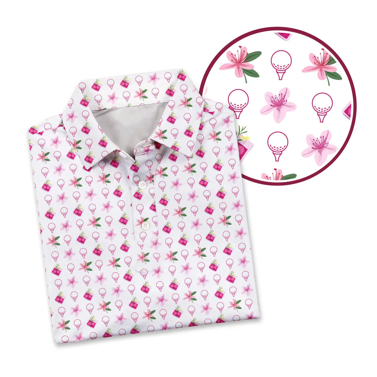 Pink Azalea Floral Golf Polo – Golf Ball and Cocktail Print Collared Shirt, Trendy Golfcore Polo for Men & Women