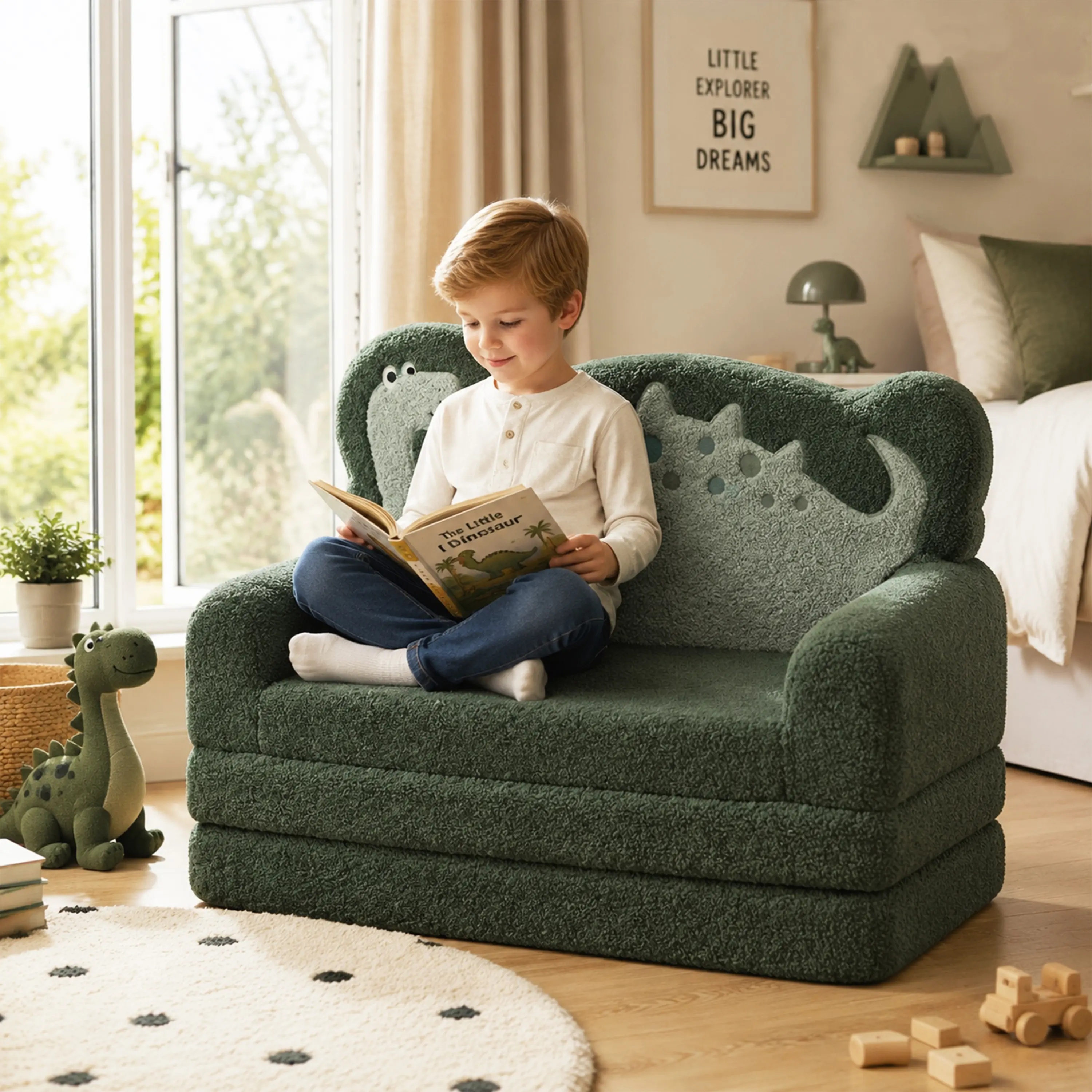 Fold-Out Dino Sleeper. Converts to 53.1" Bed. Teddy Fleece. Removable Cover. Machine Washable. High-Density Foam. Supports Vestibular & Proprioceptive Development. For Sensory Integration Therapy. For Sensory Rooms, Clinics, Home.