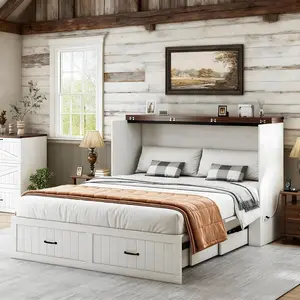 Queen/Full Size Murphy Bed with Storage Drawers & Charging Station, Space Saving Foldable Murphy Cabinet Bed for Guest Room Studio Apartment