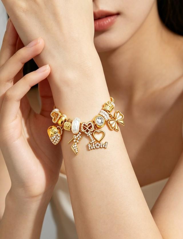 I Love Mom Charm Bracelet, Gold Plated Beaded Snake Chain Bracelet with Heart Bow Crown Charms, Gift for Mother