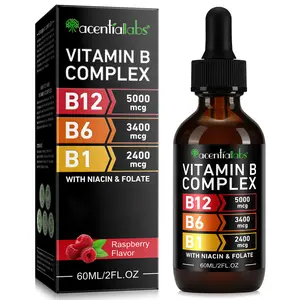 Acentialabs Vitamin B Complex B12 Methylcobalamin B6 B1 Drops 5000 mcg 3400 mcg 2400 mcg Raspberry Flavor 60ml for Adult Daily Supplement - Dietary Edible Healthcare summervibes Fitness