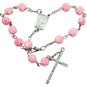 Pink Catholic Car Rosary 2PCS Hanging Rosary with Rose Beads and Sparkling Rhinestone Cross for Rearview Mirror, Mini Religious Charm for Women, Cute Car Accessories