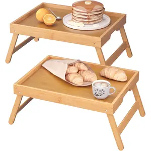 2 Pack Bamboo Bed Tray Table with Folding Legs,Breakfast Trays,Serving Tray for Food and Snack,Laptop Trays for Working(Natural)