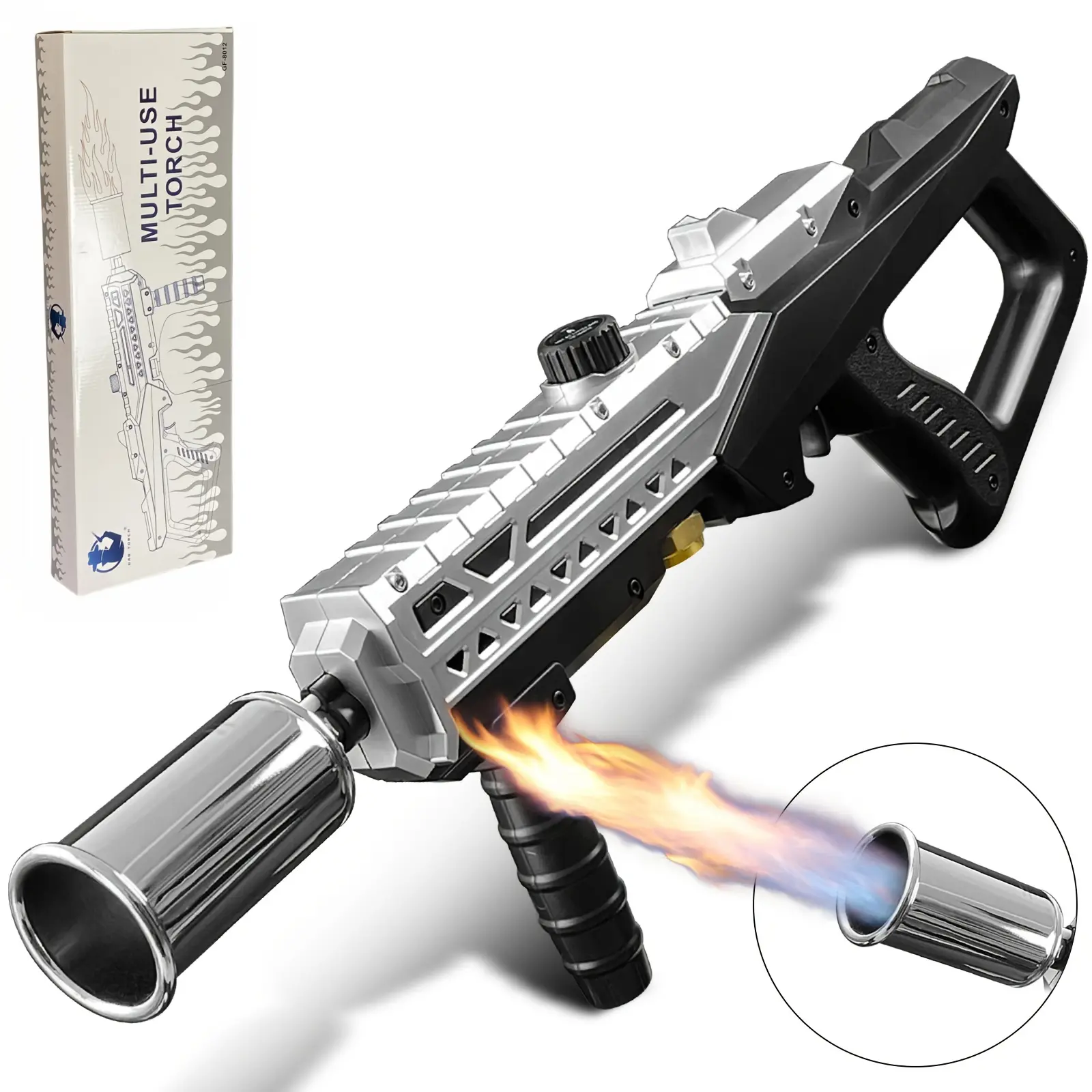 800,000BTU Propane Torch Gun - Powerful Adjustable Flamethrower for Outdoor Searing, BBQ, Camping, Charcoal Lighter & Fire Starter - Grill Torch,  (Propane Tank Not Included) cigar lighter Kitchen Utensils Aluminium Black&White camp accessory,summerwins