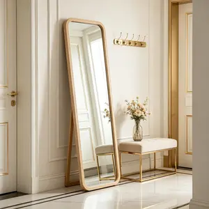 Solid Beech Wood Full Length Mirror, Freestanding Floor Dressing Mirror with Stable Stand, Natural Wood Frame Body Mirror, 2-in-1 Wall Mountable Decor Mirror for Bedroom and Living Room