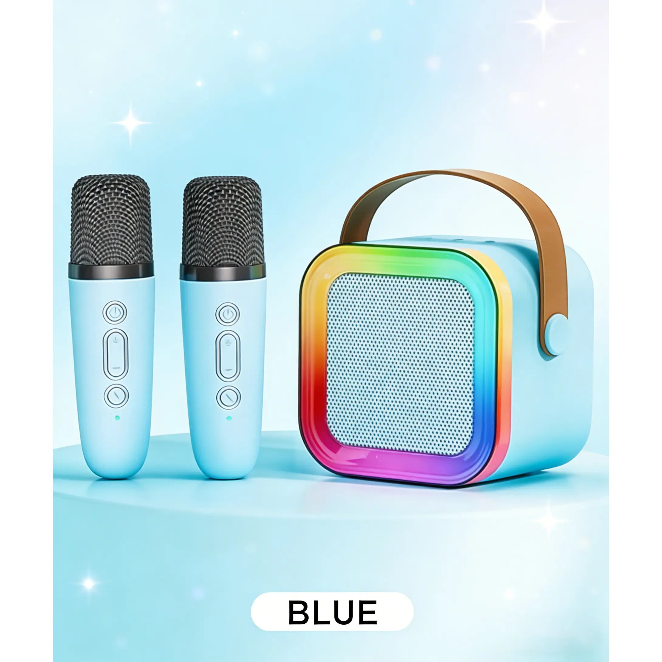 Portable Mini Multifunction Karaoke Machine (3.9x3.9x3.5 in) - Compact Design, 2 Wireless Microphones, Mic for iPhone, Colorful RGB LED Lights, Stereo Effect, Ideal for Home Parties, Birthdays (Blue)