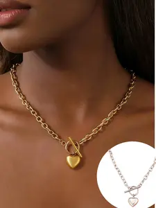 18K Gold Plated Heart Toggle Necklace for Women, Stainless Steel OT Clasp Pendant, Minimalist Chunky Chain Jewelry, Heart Shaped Necklace, Perfect for Daily Wear, Valentine's Day & Gift Giving
