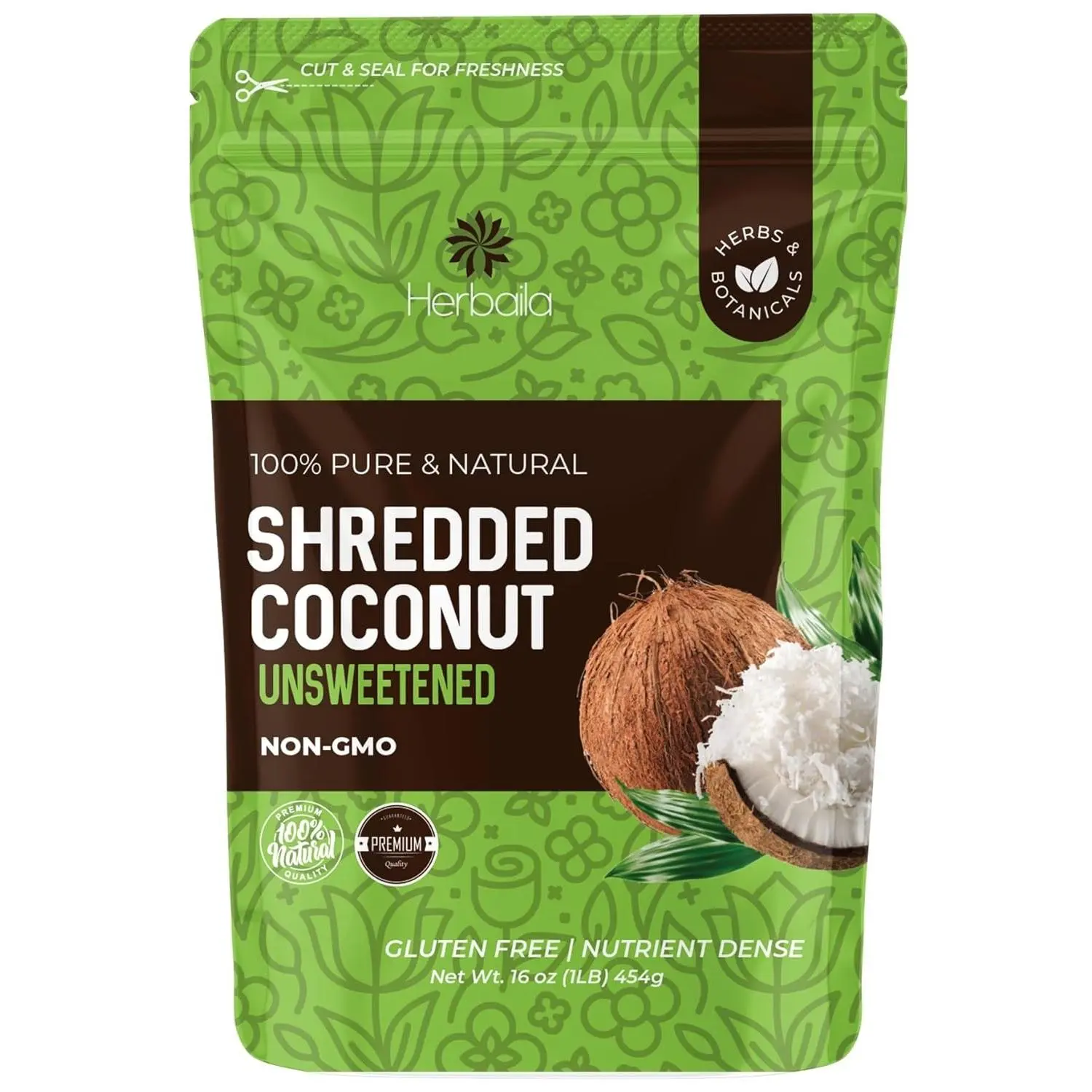 Herbaila Shredded Coconut Unsweetened, 1 lb. Unsweetened Coconut Flakes, Dried Coconut Shavings, Shredded, Flaked Coconut Shreds. All Natural, Non GMO, Pure Unsweetened Shredded Coconut 16 oz.
