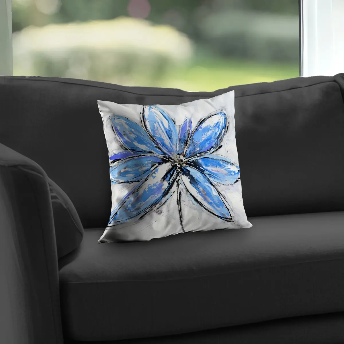 360 Stand 14x14 in. Standard Size Blue Floral Print Botanical Poly Twill Throw Pillow - Bathroom Use, Easy Cleaning, Modern Contemporary Home Decor Textiles & Soft Furnishings Accessory, Blue Standard Pillows, Botanicals Standard Pillows