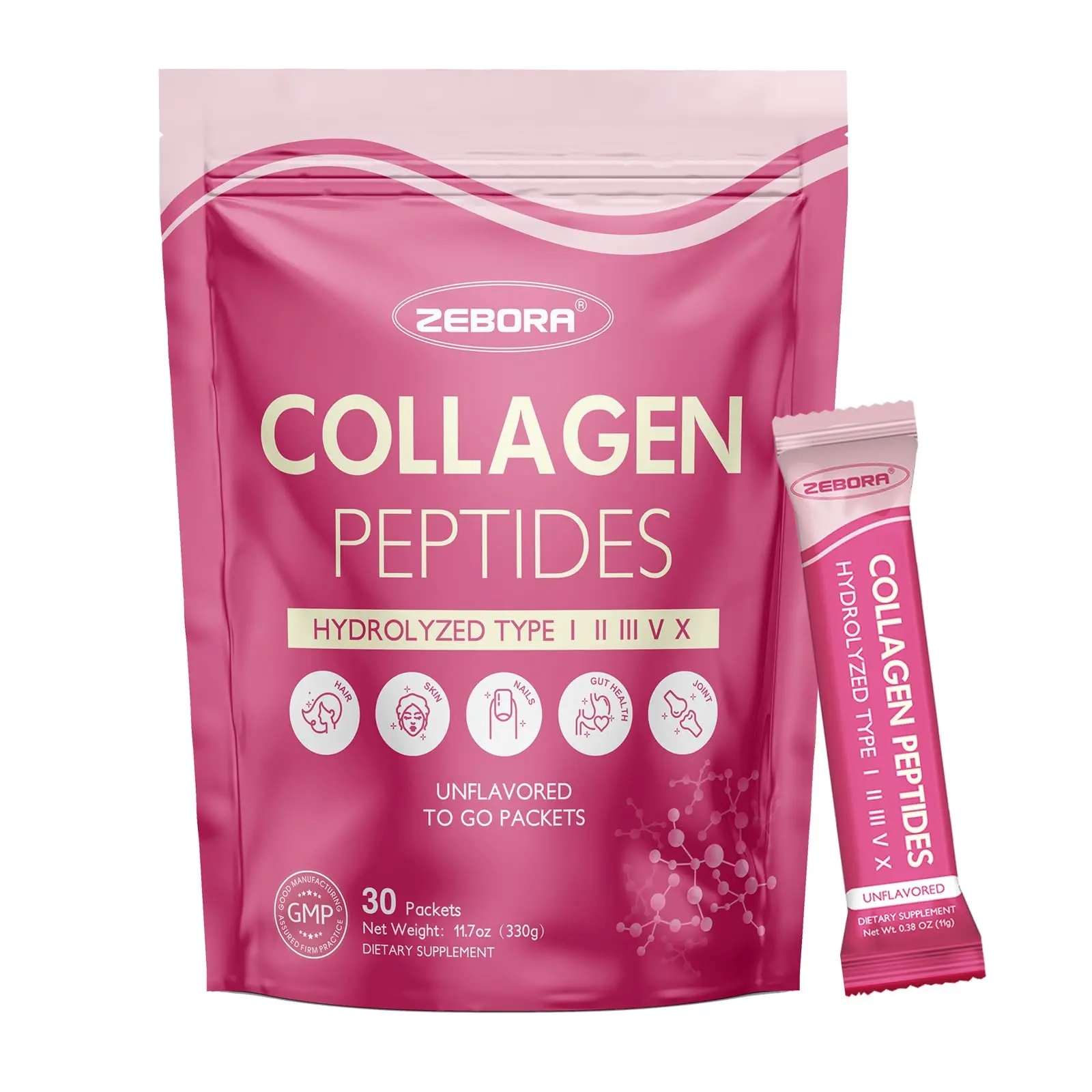 ZEBORA Collagen Peptides Powders - Support Skin Hair Nail Joints & Gut Health - 30 Stick Packs Nutrition Healthcare Supplement Skin Colagen  Dietary Fitness