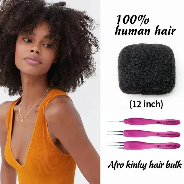 Exyhair 12in 100% Human Tight Afro Kinky Bulk Hair, Kinky Curly Texture, 4 Packs for Braids & Dreadlocks Extensions, Includes Crochet Hook