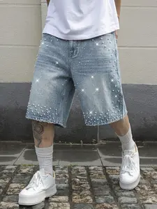 Men's Casual Loose Wide Leg Denim Shorts, All Seasons Street Style, Pure Color Pocket Design, Versatile Straight Fit Jeans